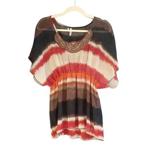 Studio Y Ombre Sheer Chiffon Beaded Neckline Flutter Sleeve Flowy Blouse Top